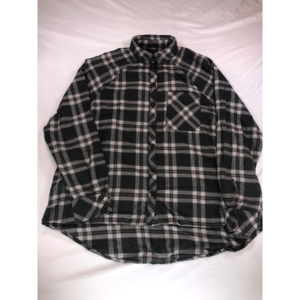 Wild Fable Black White Plaid Flannel Shirt XS Long Sleeve High Low Hem Button Up